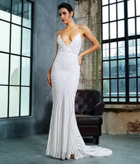 Love&Lemonade White Deep V Neck Open Back Geometry Sequins Long Dress  LM81225 Autumn/Winter