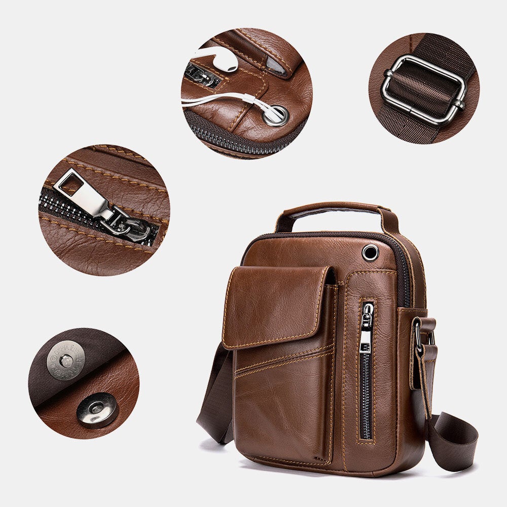 Men's Vintage Leather Waterproof Crossbody Bag with Multi-Pockets & Earphone Hole