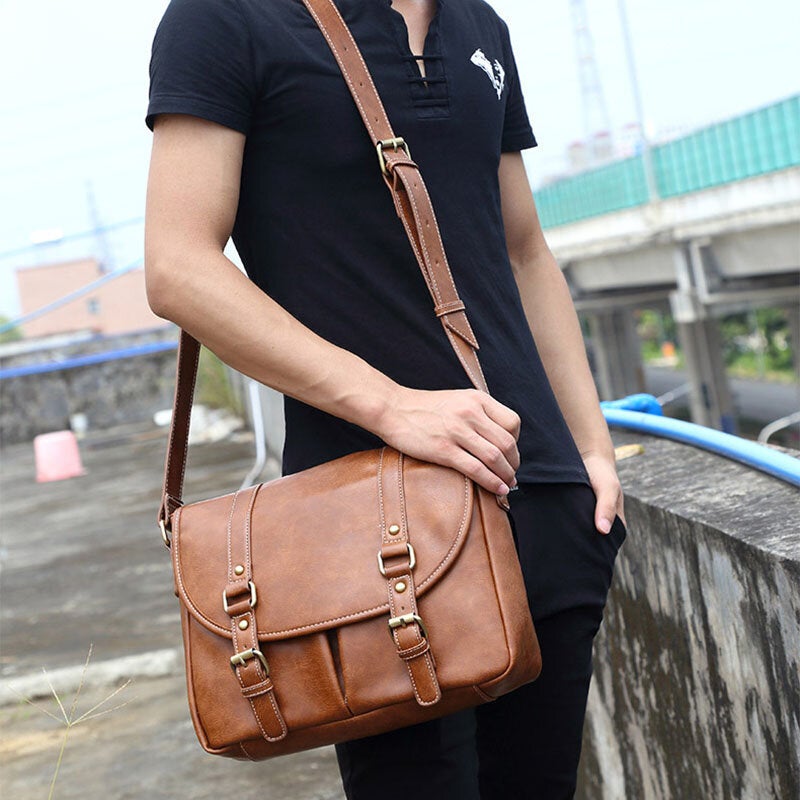 Men's Vintage PU Leather Waterproof Crossbody Bag, Multi-pocket, Large Capacity Shoulder Bag
