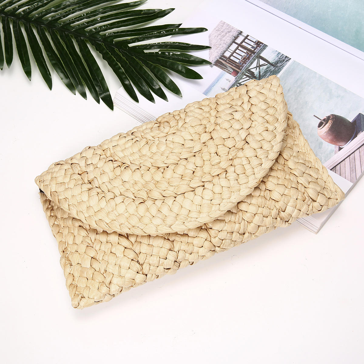 Women Summer Lovely Retro Straw Knitted Wallet Key Money Beach Long Bag Clutch