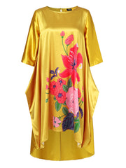 Women Plus Size Floral Print Three Quarter Sleeve A-line Dress