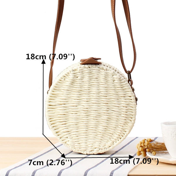 Women Round Woven Straw Crossbody Bag Solid Beach