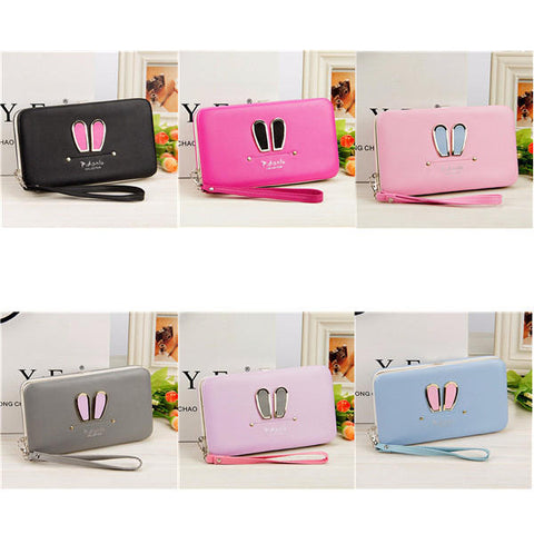 Women Candy Color Rabbit Long Wallet Card Holder Multi-function Phone Case For Iphone Huawei Samsung