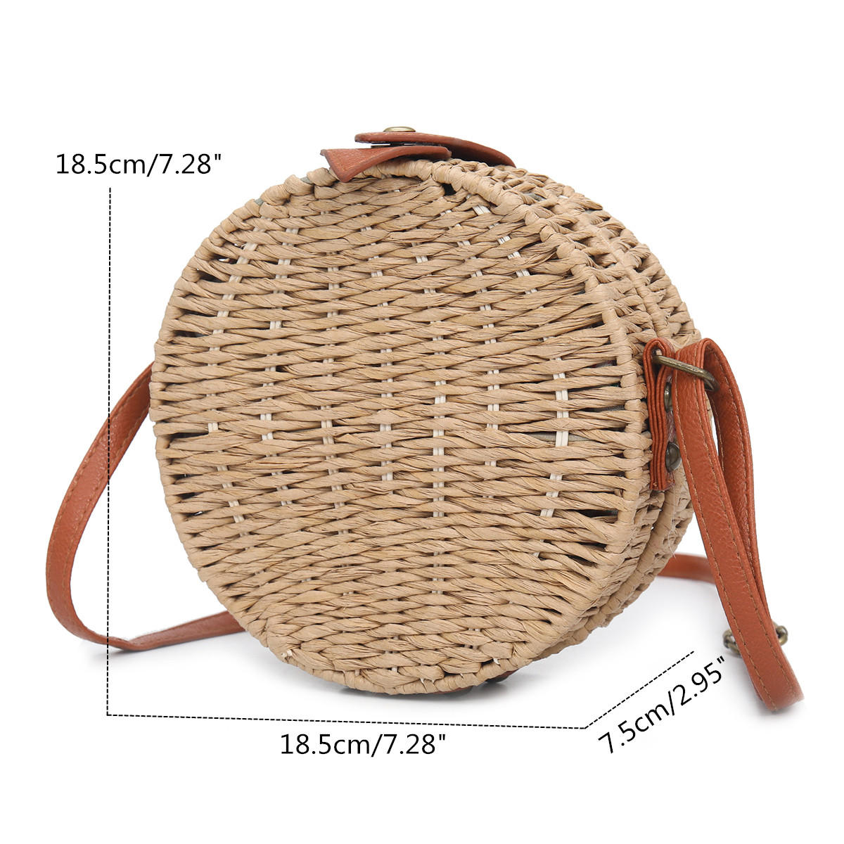 Women Summer Round Straw Shoulder Bag Vintage Woven Beach Tote Crossbody Handbag