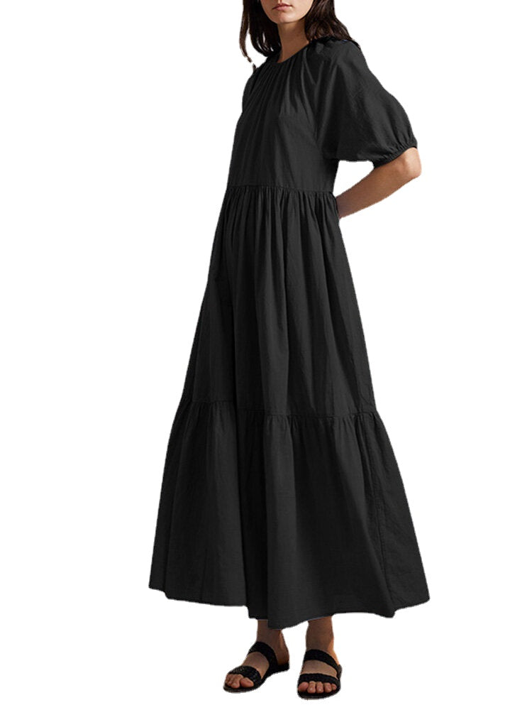 Casual Loose Puff Sleeve O-neck Pleated Button A-line Maxi Dress