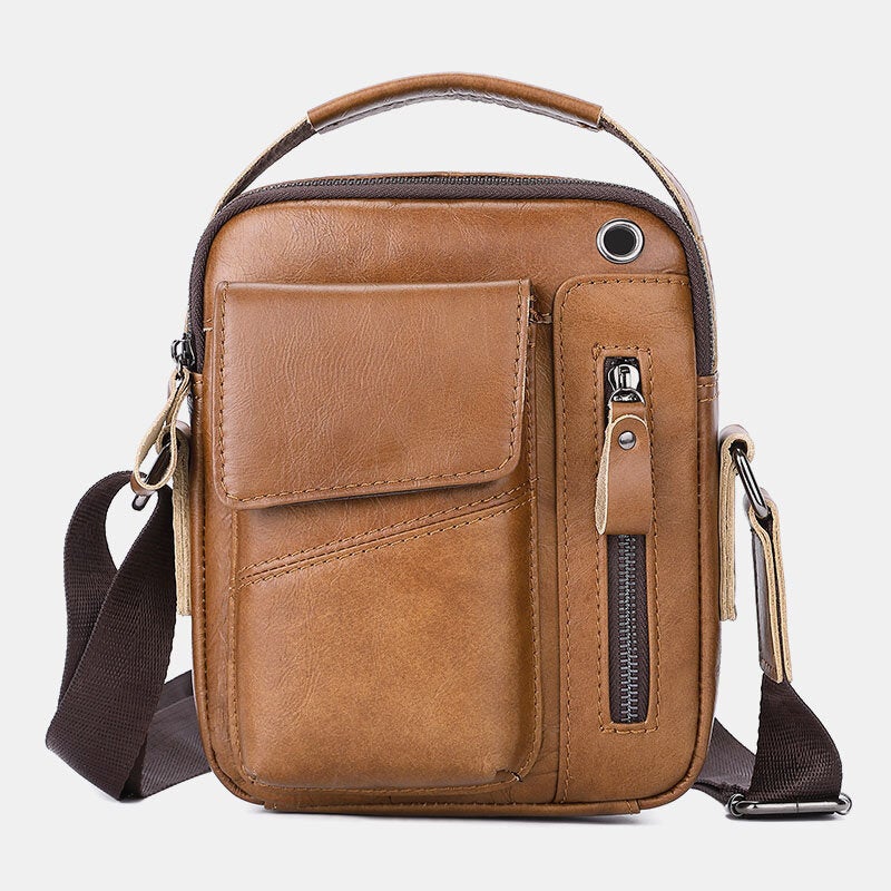 Men's Vintage Leather Crossbody Bag with Multi-Pockets & Headphone Port for 6.5" Phone