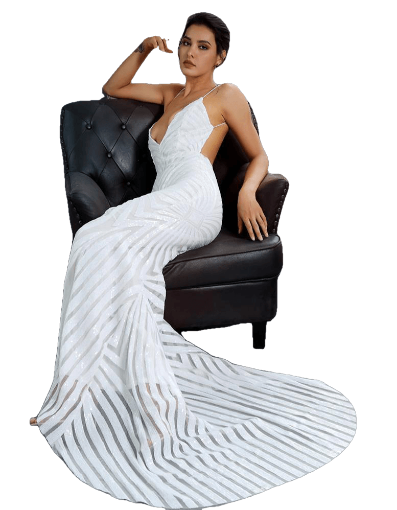 Love&Lemonade White Deep V Neck Open Back Geometry Sequins Long Dress  LM81225 Autumn/Winter