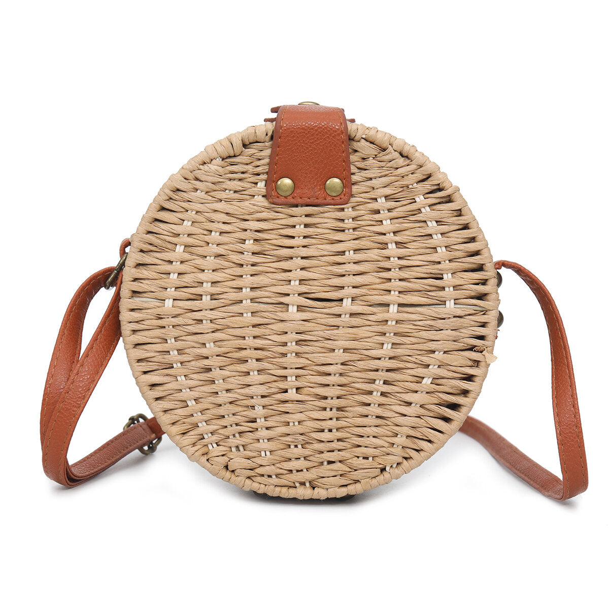 Women Summer Round Straw Shoulder Bag Vintage Woven Beach Tote Crossbody Handbag