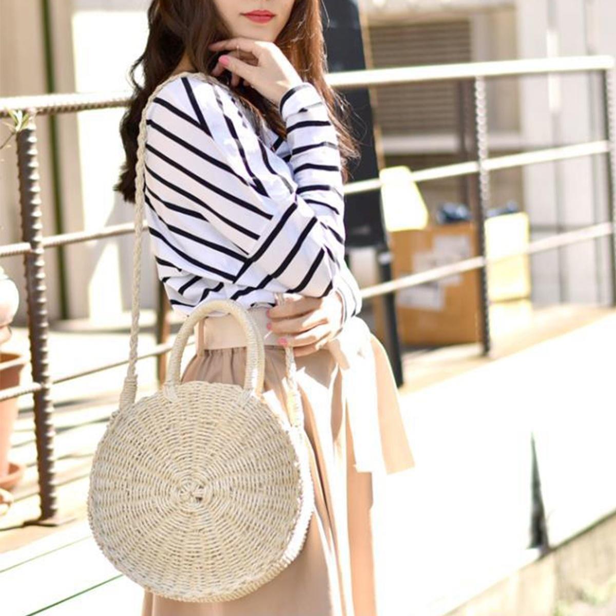 Round Women Girls Straw Rattan Bag Circle Handbag Handwoven Summer Beach Bali