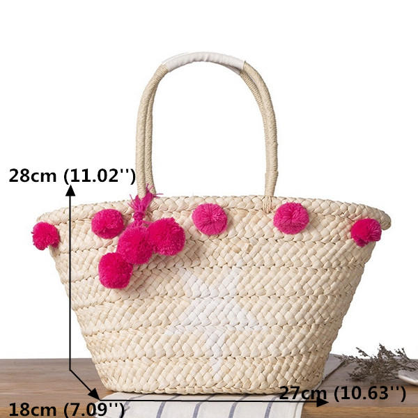 Women Woven Straw Beach Handbag Travel Plush Ball Bag Tote