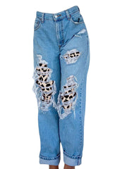 Women Ripped Leopard Frayed Distressed Rigid Mid Waist Casual Jeans