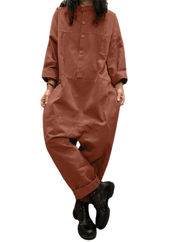 Women Corduroy Solid Color Half Button Long Sleeve Vintage Casual Cargo Jumpsuit With Pocket