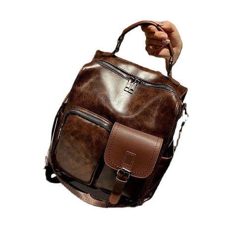 Women Vintage Faux Leather Multi-Pocket Multifunctional Backpack Crossbody Bag