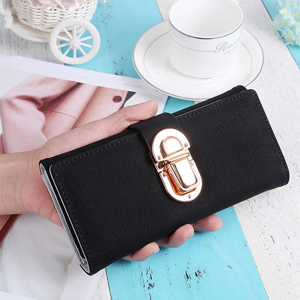 Women PU Leather Hardware Hasp Fold Over Card Holder Purse Wallet