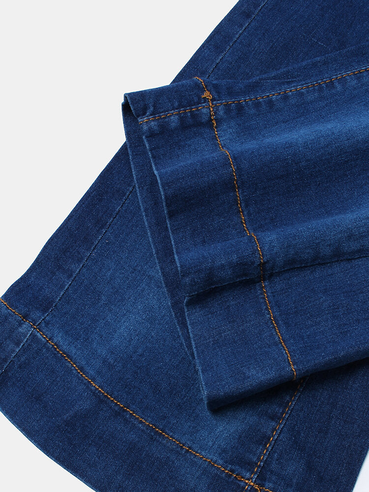 Women Pocket Button Denim Casual Bell-Bottoms Jeans