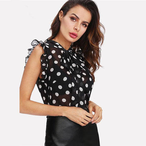 Casual Trendy Ladies' Polka Dot Print Stand Collar Sleeveless Blouse