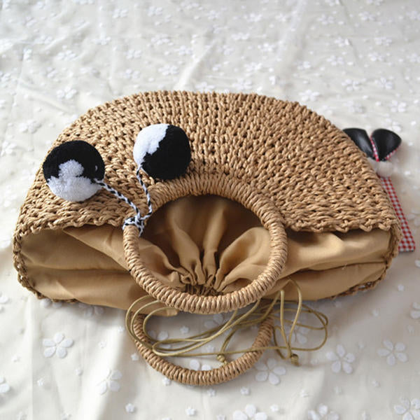 Women Casual Straw Handbag Woven Plush Ball Beach Bag