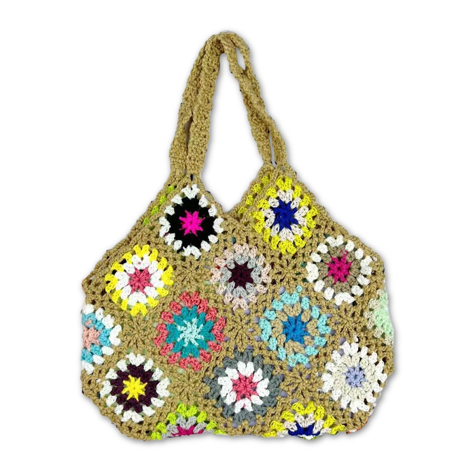 Women Handmade Crochet Ethnic Casual Handbag Mixed Floral Pattern Multifunctional Shoulder Bag Tote