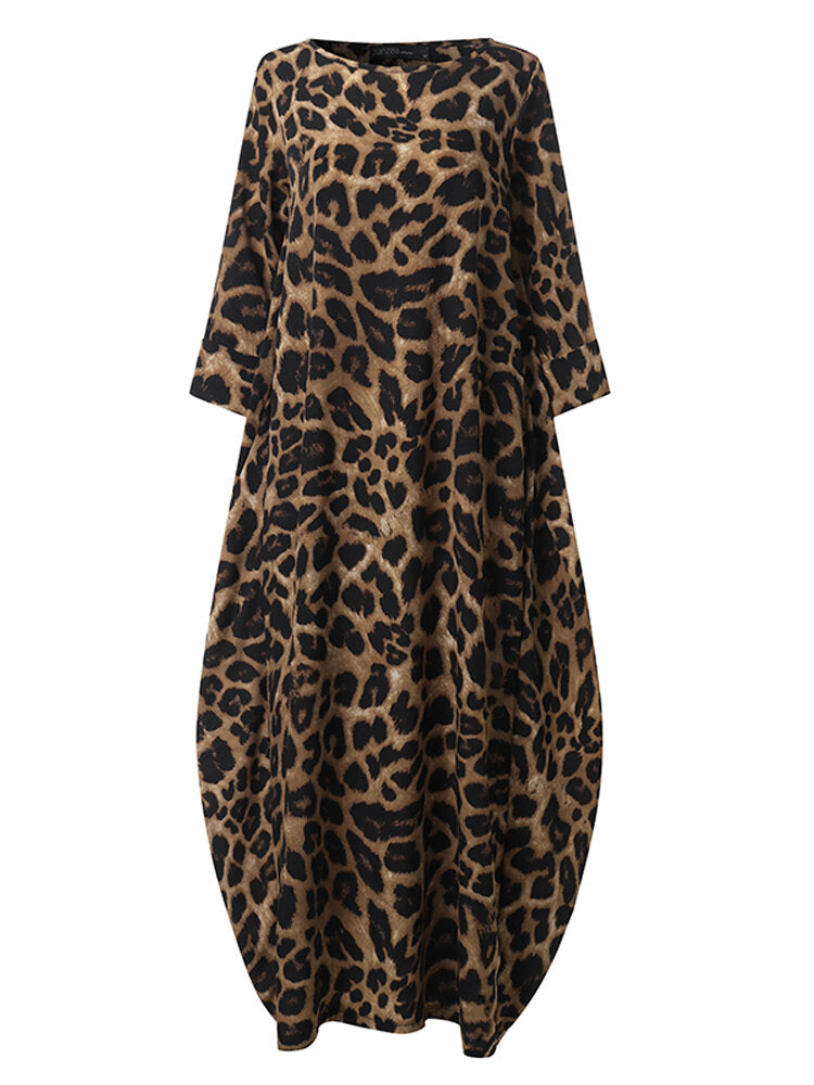 Women Leopard Print Crew Neck Loose Baggy Maxi Dress