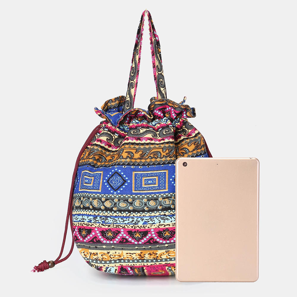 Women Ethnic Canvas String Bucket Bag Crossbody