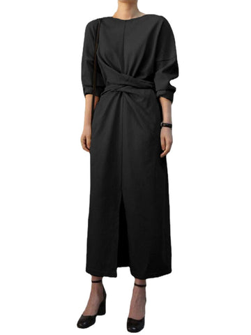 Elegant Solid Color Cross-lace Design Split Hem Long Sleeve Maxi Dress