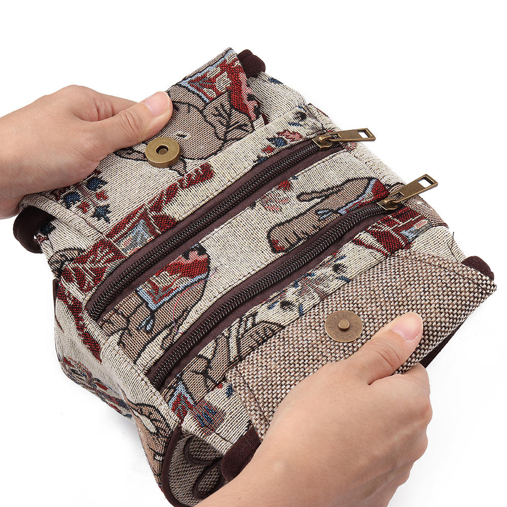 Women Ethnic linen Elephant Pattern Hand-woven Double Zipper Handbag