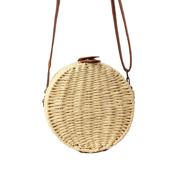 Women Round Woven Straw Crossbody Bag Solid Beach