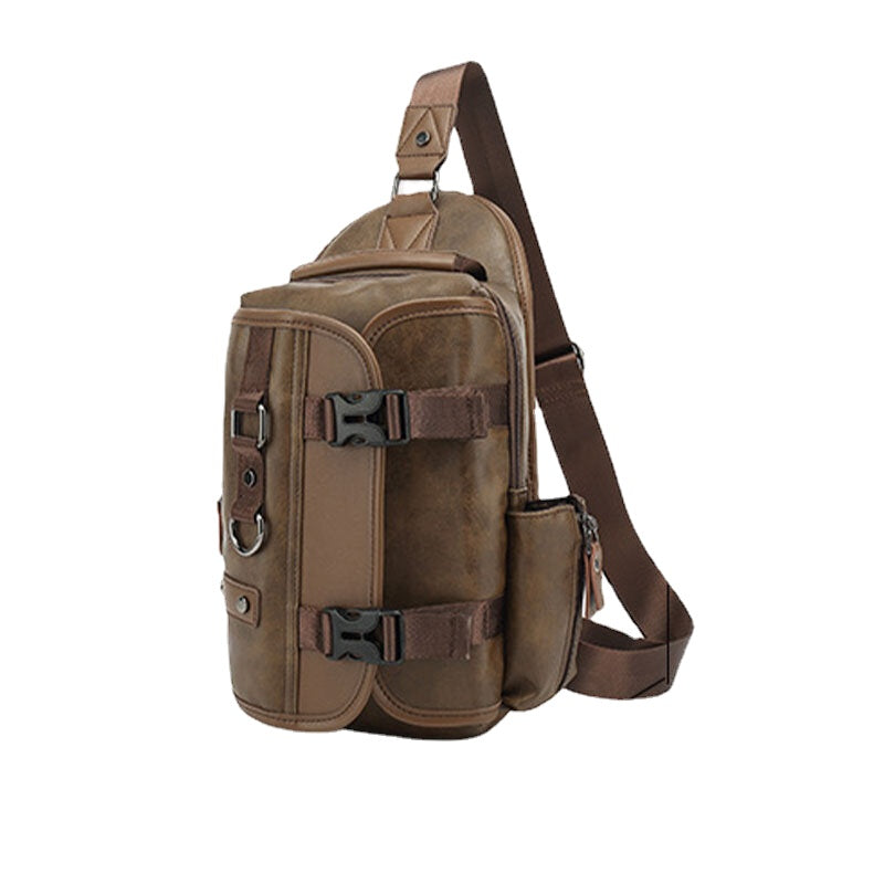 Men PU Leather Vintage Multifunction Earphone Hole USB Charging Crossbody Bag Chest Bag Sling Bag