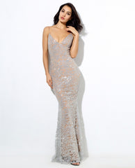 Love&Lemonade  Silver Deep V Neck Open Back Flower Ribs Long Dresses LM0299