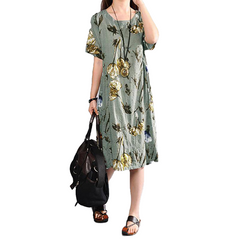 Ladies Short Sleeve Casual Floral Linho Midi Vestidos