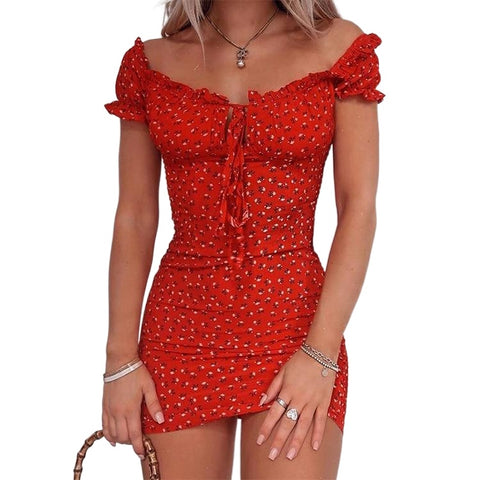 Off Shoulder Style Sexy Ladies' Floral Print Lace-up Wrap Dress