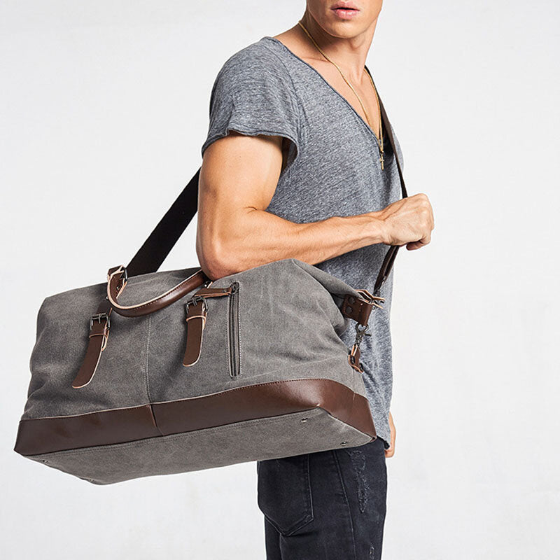 Men's Canvas PU Leather Multi-Pocket Travel Duffle Shoulder Bag