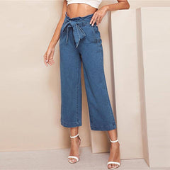 Elegante Blue High Waist Wide Leg Belted Crop Jeans