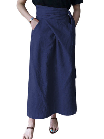 Women Cotton A-Line Casual Belted High Waist Maxi Skirts With Pocket