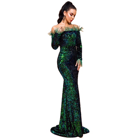 Sexy Off Shoulder Long Sleeve Floor Length Sequined Maxi Evening Dresses