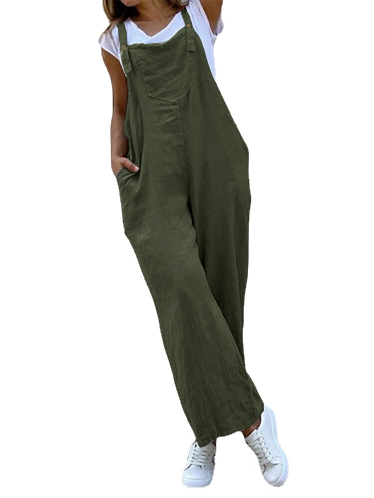 Women Simple 100% Cotton Leisure Solid Color Side Pockets Jumpsuit