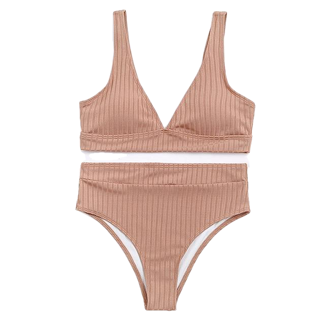 Stylish Spice Girls' Solid Ribbed High Waist V-neck Swimsuit