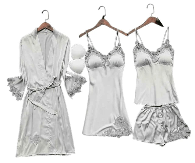 Sexy Women'S Robe & Gown Sets Lace Bathrobe + Night Dress 4 Four Pieces Sleepwear