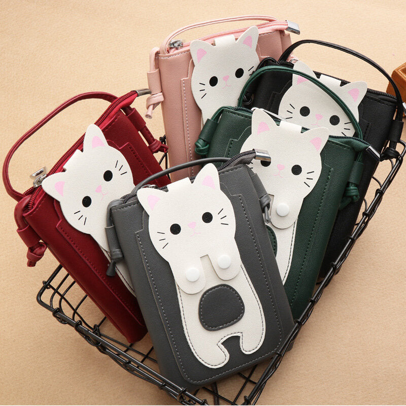 Women Faux Leather Super Cute Cat Kitty Pattern 6.3 Inch Phone Bag Small Storage Crossbody