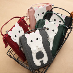 Women Faux Leather Super Cute Cat Kitty Pattern 6.3 Inch Phone Bag Small Storage Crossbody