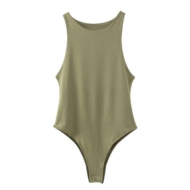 Sexy Women's O-neck Sleeveless Slim Bodysuits Solid Color