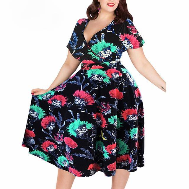 Short Sleeve A-Line Dress Vintage Stretchy Midi Dress