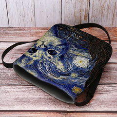 Women Felt Cute Casual Cartoon Cat Pattern With Starry Night Galaxy Paintings Crossbody Bag Shoulder