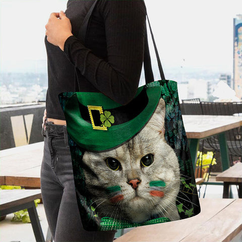Women Clover Cat Pattern Print Happy St Patrick Day Shoulder Bag Handbag Tote