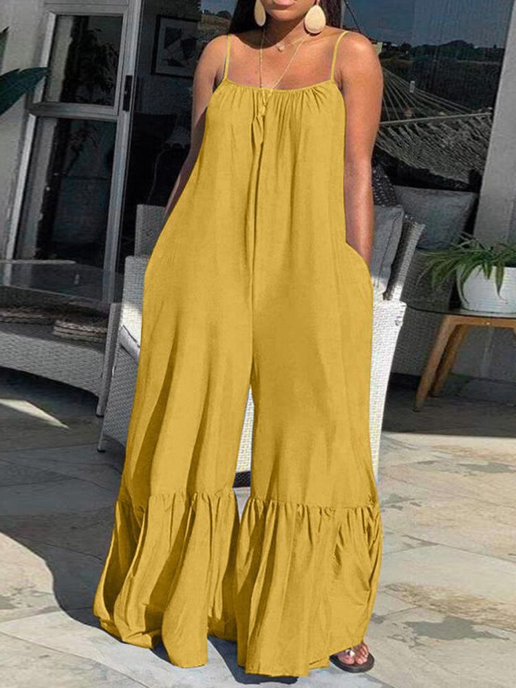 Solid Color Sleeveless Straps Pleated Jumpsuit For Women