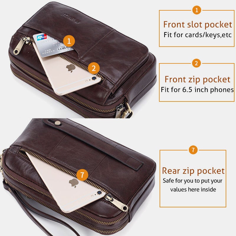 Men Genuine Leather Large Capacity 6.5 Inch Phone Bag Waterproof Double Layer Zipper Pockeet Clutch Bags