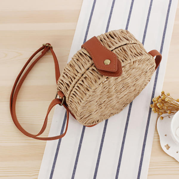 Women Round Woven Straw Crossbody Bag Solid Beach