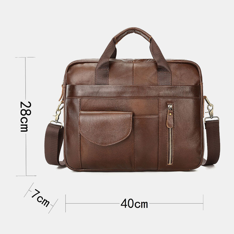Men's Vintage Leather Laptop Bag 14" Multi-pocket Briefcase Crossbody Shoulder Handbag