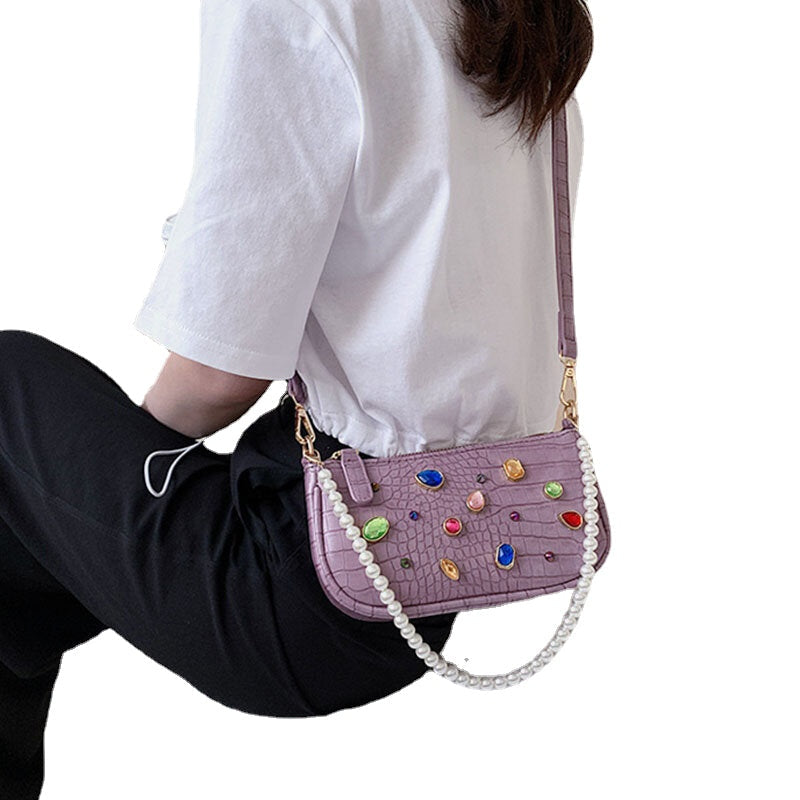 Women Crocodile Pattern Gem Shoulder Bag Crossbody