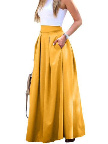 Women Solid Color High Waist Big Swing Zipper Casual Loose Long Skirt With Pocket